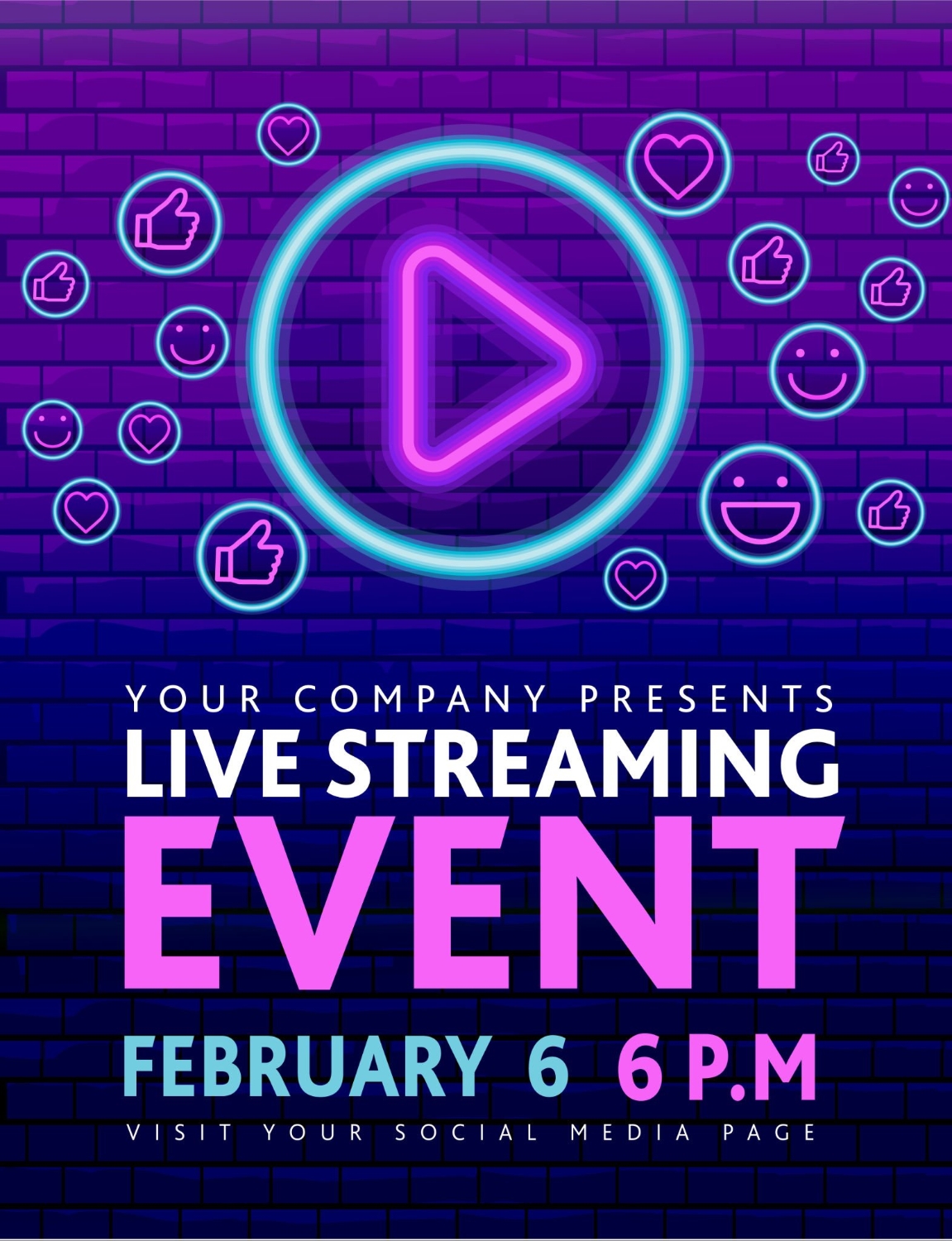 Live Streaming Event neon sign concert social media banner design with play button concept on purple brick wall